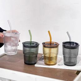 Wine Glasses 400ml Glass Cup Stripe Transparent With Lid And Straw Ice Coffee Tea Juice Kitchen Milk Water Drinkware