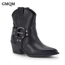 GMQM Fashion Women Ankle Boots Western Cowboy Cowgirl Boots Pointed Toe Buckle Metal Decoration Punk Style Motorcycle Shoes 240408