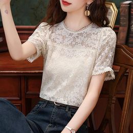 Women's Blouses Korean Fashion Women Lace Shirt Short Sleeve Crochet Blouse Summer Hollow Out Tops