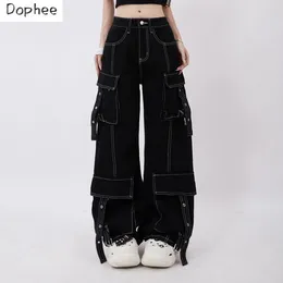 Women's Jeans Dophee Dopamine Black For Women Multi Pockets Cargo Pants Line Decoration All-match Straight Causal Denim Trousers Loose