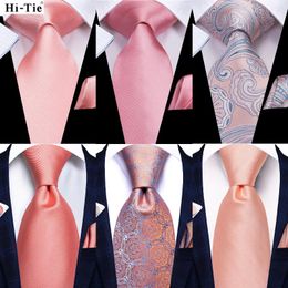 Bow Ties Hi-Tie Men Fashion Peach Pink Solid Necktie Handkerchief Cufflinks For Tuxedo Accessory Classic Silk Luxury Gift Tie