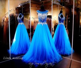 Royal Blue Open Back Prom Dress Sparkly Bling Crystal Beaded Floor Length Long Formal Party Gown2241249