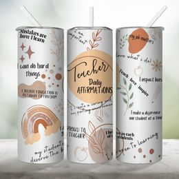 1pc 20oz Teacher Daily Affirmations Tumbler With Straw, Insulated Water Cups, Summer Winter Drinkware, Teacher's Day Gifts