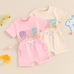 Clothing Sets Summer Infant Baby Girls Boys Birthday Outfit Letter Embroidery Short Sleeve T-Shirt Solid Color Shorts Clothes