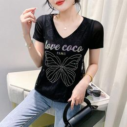 Women's T Shirts Clothes Elegant Brand T-Shirt Sexy Black Butterfly Letter Luxury Diamonds Femmes Ladies Lace Tops Tees Blouse