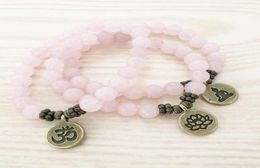 SN1107 Genuine Rose Quartz Bracelet Antique Brass Om Buddha Lotus Charm Bracelet Gift For Her6174611