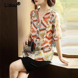 Women's Blouses 2024 Summer Vintage Fashion Print Blouse Elegant Short Sleeve Loose Shirt Casual V Neck Tunic Tops Blusas Para Mujer