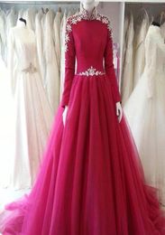 Fuchsia High Neck Muslim Evening Dress Long Sleeves Abaya Islamic Arabic Prom Dresses 2015 Vestidos de Festa Dubai Formal Party Go6318238