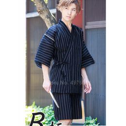2PCs Set Samurai Men Japanese Kimono Set Striped Solid Color V-neck Jinbei Sleepwear Spa Sauna Bath Wear Sleepwear Pajamas