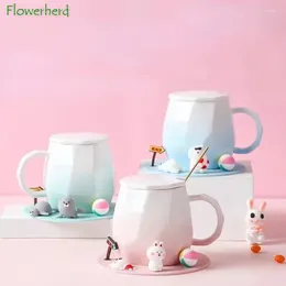 Mugs Ceramic Gradient Colour Mug Cute Cartoon With Silicone And Spoon Coffee Cups
