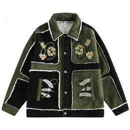 Men's Jackets American Style High Street Fashion Contrast Stitching Lamb Fleece Coat Design Sense Thickened Embroidery Patchwork Loose