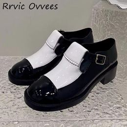 Dress Shoes Round Toe Mid Heel Pumps Women Shiny Leather Mixed Color Buckle Strap Single Spring Autumn Fashion Office Commuting