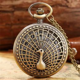 Bronze Hollow Peacock Case Watches Men Women Quartz Pocket Watch Analogue Display with Necklace Sweater Chain Gifts montre de poche