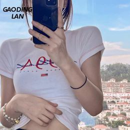 Women's T Shirts GAODINGLAN Summer Tight Fit Women T-shirts Short Sleeve Sexy Crop Tops Trend High Street Letter Print Tees Female Bottom