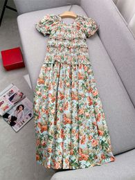 Spring Summer Multicolor Floral Print Cotton Dress Short Sleeve Scoop Neckline Pleated Midi Casual Dresses W4A124232