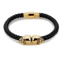 Sell Mens Black Genuine Leather Braided Skull Bracelets Men Women Stainless Steel Gold North Skull Bangle Fashion Jewelry9600736