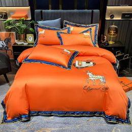 Bedding Sets Luxury Orange 600TC Egyptian Cotton Horse Embroidery Set Double Duvet Cover Bed Sheet Pillowcases Home Textiles