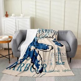 Kids Starfish Beach Flannel Fleece Throw Blanket Coastal Beach Ocean Fuzzy Blanket for Sofa Couch Teens Decor Teal Blue