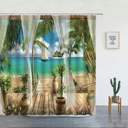 Shower Curtains Ocean Island Beach Coconut Trees Flowers Plants Summer Nature Scenery European Style Fabric Bathroom Decor Sets