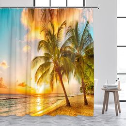 Island Beach Shower Curtains Sea Waves Palm Trees Tropical Plant Ocean Nature Landscape Home Wall Hanging Bathroom Curtain Decor