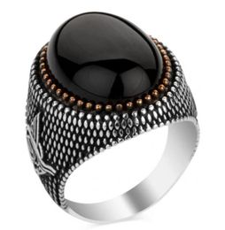 Handmade Turkish Jewelry Vintage Obsidian Rings For Men Women Ancient Silver Color Black Zircon Gold Color Beads Muslim 7050746