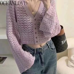 Women's Knits OCEANLOVE Spring Summer Thin Short Cardigans Flare Sleeve Hollow Out Sunscreen Women Sweaters Korean Fashion Sweet Knitwears