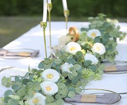 200cm wedding decorations Artificial Plant Flowers Eucalyptus Garland With White Roses Greenery Leaves Backdrop Party Wall Table D9073607