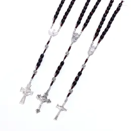 Pendant Necklaces KOMi Christ Jesus Wooden Beads 8x10 Mm Rosary White Cross Braided Rope Chain Link Necklace Religious Prayer Jewelry