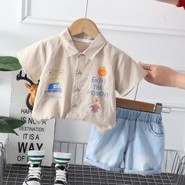 Clothing Sets 2024 Boutique Baby Boy Summer Clothes For Kids Boys 2 To 3 Years Fashion Cartoon Print Short Sleeve Shirts And Shorts Suits