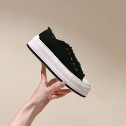 Casual Designer Fashion Women Black Canvas Genuine Leather Thick Sole Lace Up Trainer Wallk Shoes Comfortable Dress Shoes Runer Sneaker