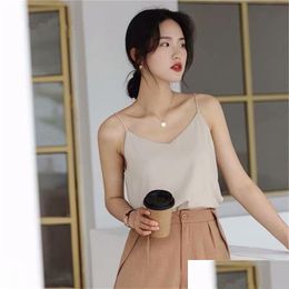 Womens Tanks Camis Korean Chiffon Top Women Woman V-Neck Satin Tank Sleeveless Vest S Tees Loose Y White Ladies 220325 Drop Delivery A Oth1C