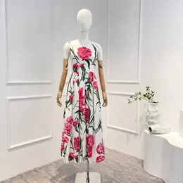 Casual Dresses Top Quality Women 2024 Spring Summer Red Flower Printing Elegant Pure Cotton Sleeveless Midi Tank