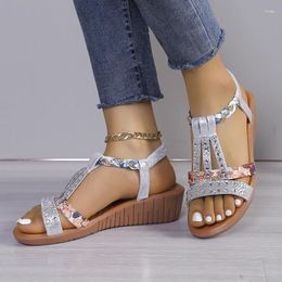 Dress Shoes Women's Summer Classic Color-blocked Thick-soled Wedge Sandals Everyday Versatile Round Toe Luxury Rhinestone Womens