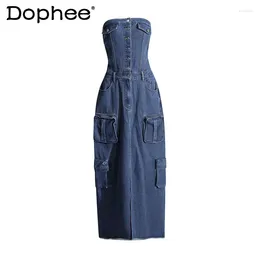 Casual Dresses Girl Style Denim Strapless Dress 2024 Spring Summer Patchwork Pocket Waist Slimming Long For Women Y2k