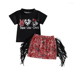 Clothing Sets Toddler Baby Girl Western Summer Outfit Peace Love Cows Short Sleeve T-Shirt Cow Print Tassel Skirt 2Pcs Clothes Set