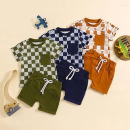 Clothing Sets Toddler Infant Boys Summer Outfits Checkerboard Print Short Sleeve T-Shirts Tops Elastic Waist Shorts 2Pcs Clothes Set