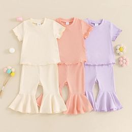Clothing Sets 6M-4Y Summer Toddler Kids Baby Girl Clothes Solid Ruffles Short Sleeve O-neck T-shirts Tops Flare Pants Casual Outfits