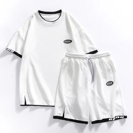 Summer Casual Mens T-Shirt Set Jogger White Printed Shorts Y2K Streetwear Mens clothing 2-Piece Set suits for men M-4XL 240408