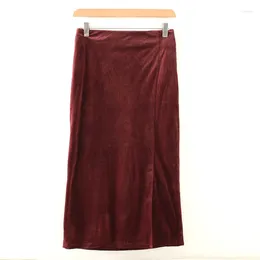 Skirts Japanese Style Rear Elastic High Waisted Slim Women's Front Slit Golden Velvet Skirt