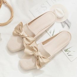 Slippers Woman Mules Summer Bowtie Lazy Slides Flat Heel Girl Korean Outdoor Fashionable Half Shoes Square Toe Luxury