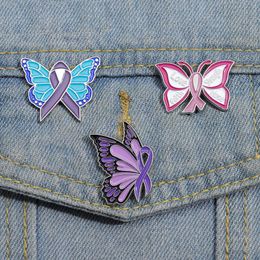 Butterfly Ribbon Enamel Pins Custom Love Faith Strength Hope Brooches Lapel Badges Against Violence Jewelry Gift for Friends