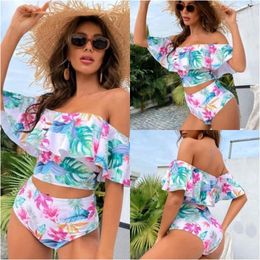 Women's Swimwear Sexy Off Shoulder Bikini Women Print Swimsuit High Waist Bathing Suit Push Up Biquini Crop Top Belt Jersey Ruffle