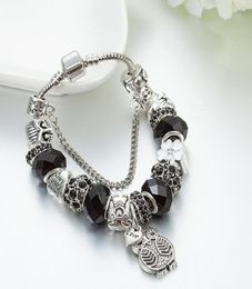 Strands Charm 925 silver bracelet black beads, owls and Diy flowers for women's charms9247430