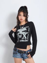 Women's T Shirts Women Teen Girls Cute Vintage Graphic Print Crop Tops Long Sleeve Rhinestone Ribbed Tees Y2k Fairy Grunge Trendy Clothes