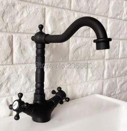 Bathroom Sink Faucets Black Oil Rubbed Bronze Dual Cross Handle Bath Kitchen Basin Deck Mounted &Cold Water Mixer Taps Lnf342