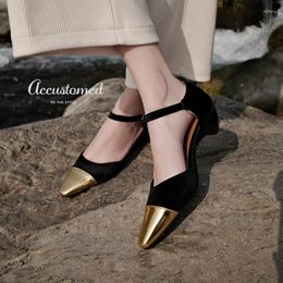 Dress Shoes Brand Fashion Gold Toe Patchwork Ankle Strap Mary Jane Women Square 4cm Mid Heel Velvet Sandals Casual Office Pumps 48