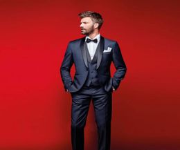 Dark Navy Wedding Tuxedos Slim Fit Suits For Men Jacket Vest And Pants Groomsmen Suit Three Pieces Prom Formal Suits With Bow Tie7065402