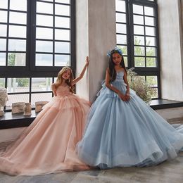 Lovely Sky Blue Pink Jewel Tulle Girl's Pageant Dresses Girl's Birthday/Party Dresses Flower Girl Dresses Girls Everyday Skirts Kids' Wear SZ 2-10 D413330