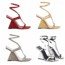 Dress Shoes Rhinestone Padded Suede Wedge Sandals High Heel Open Toes Square Toe Evening Ankle Wraparound Women Luxury Designer Sandal