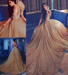 Sparkling Golden Sequines Evening Gowns Deep Vneck Sexy Backless Stunning Red Carpet Dress 2017 Cheap Custom Made Celebrity Eveni1483277